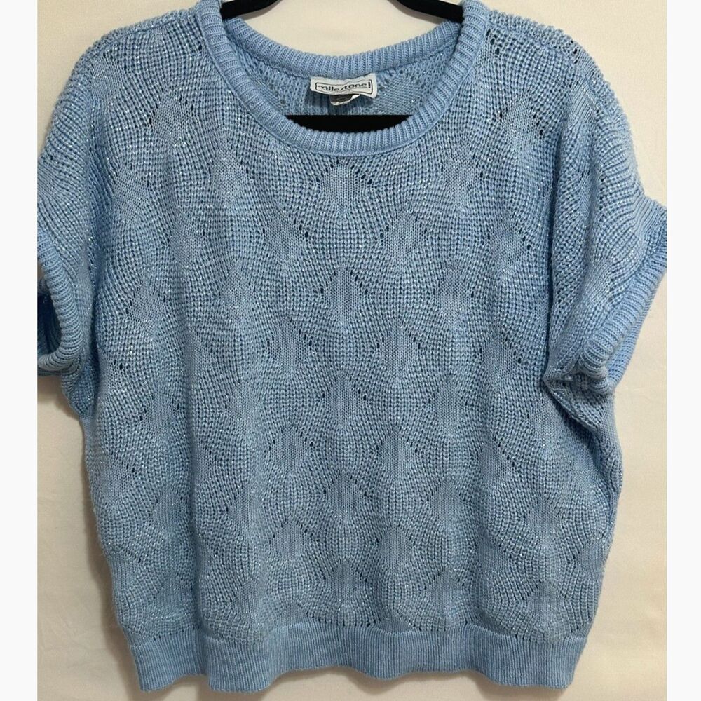 Milestone Vintage Light Blue Short Sleeve Pointelle Knit Sweater Size L Shimmer